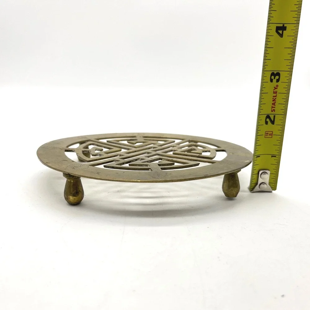 Vintage ISCO India Brass Trivet Round Geometric Fretwork Footed Hot Pad 5.5